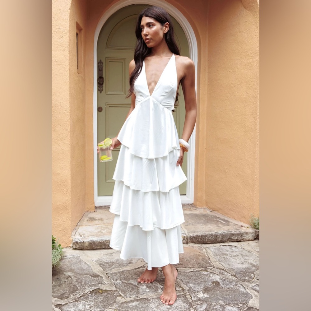 Selfie Leslie White Tiered Maxi Dress with Deep V